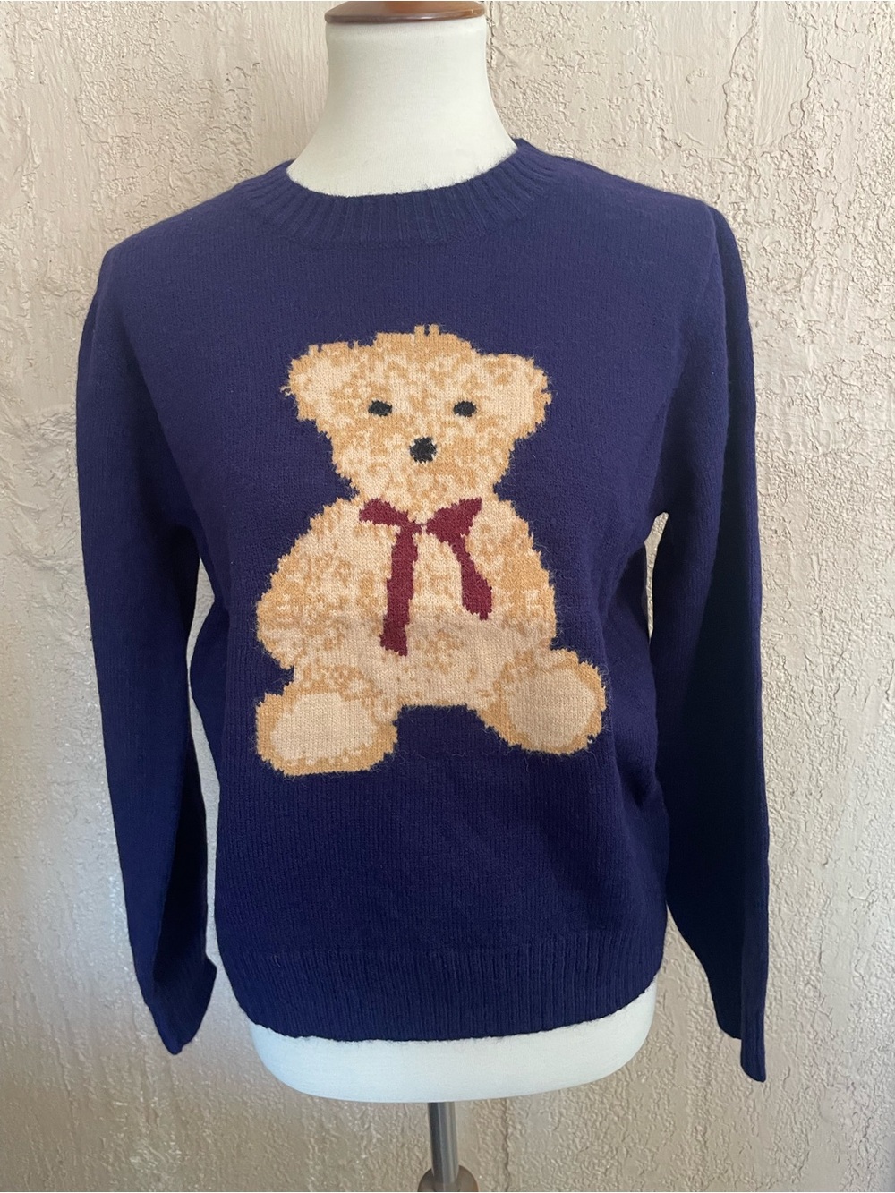 JODIFL Navy Crewneck Sweater with Beige Teddy and Maroon Bow